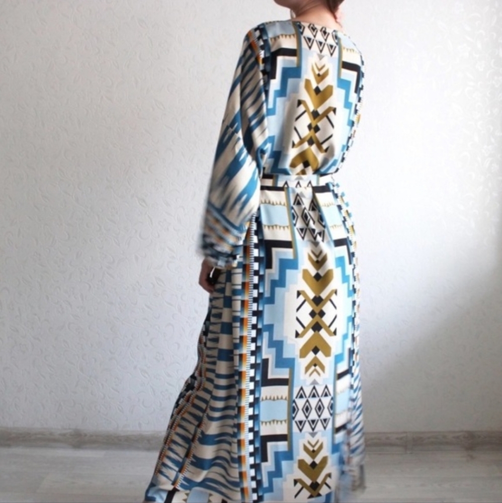 New Boho Native Print Kimono Duster Maxi Cardigan Blue Tan Black Tribal